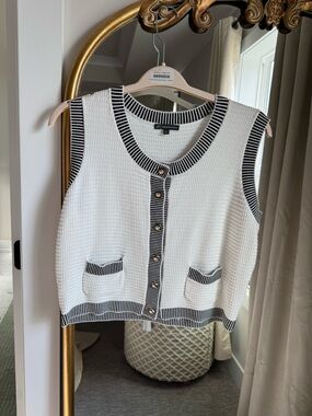 Adrianna Papell Black and White Striped Trim Knit Vest with Gold Buttons